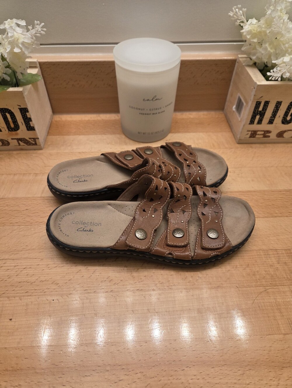 Clarks Leisa Cacti Q Brown Leather 3 Strap Sandals Women's Size 6.5